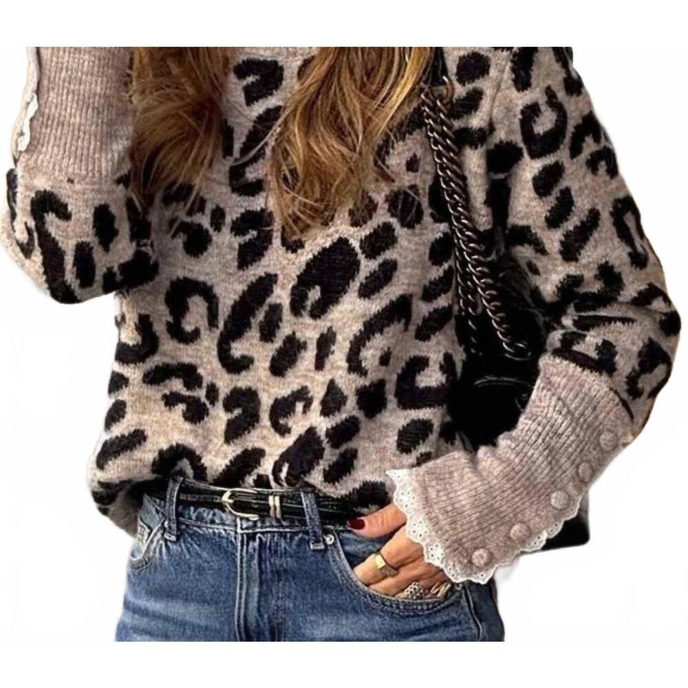 NEW ANNA-KACI knit top with lace trim details in leopard print